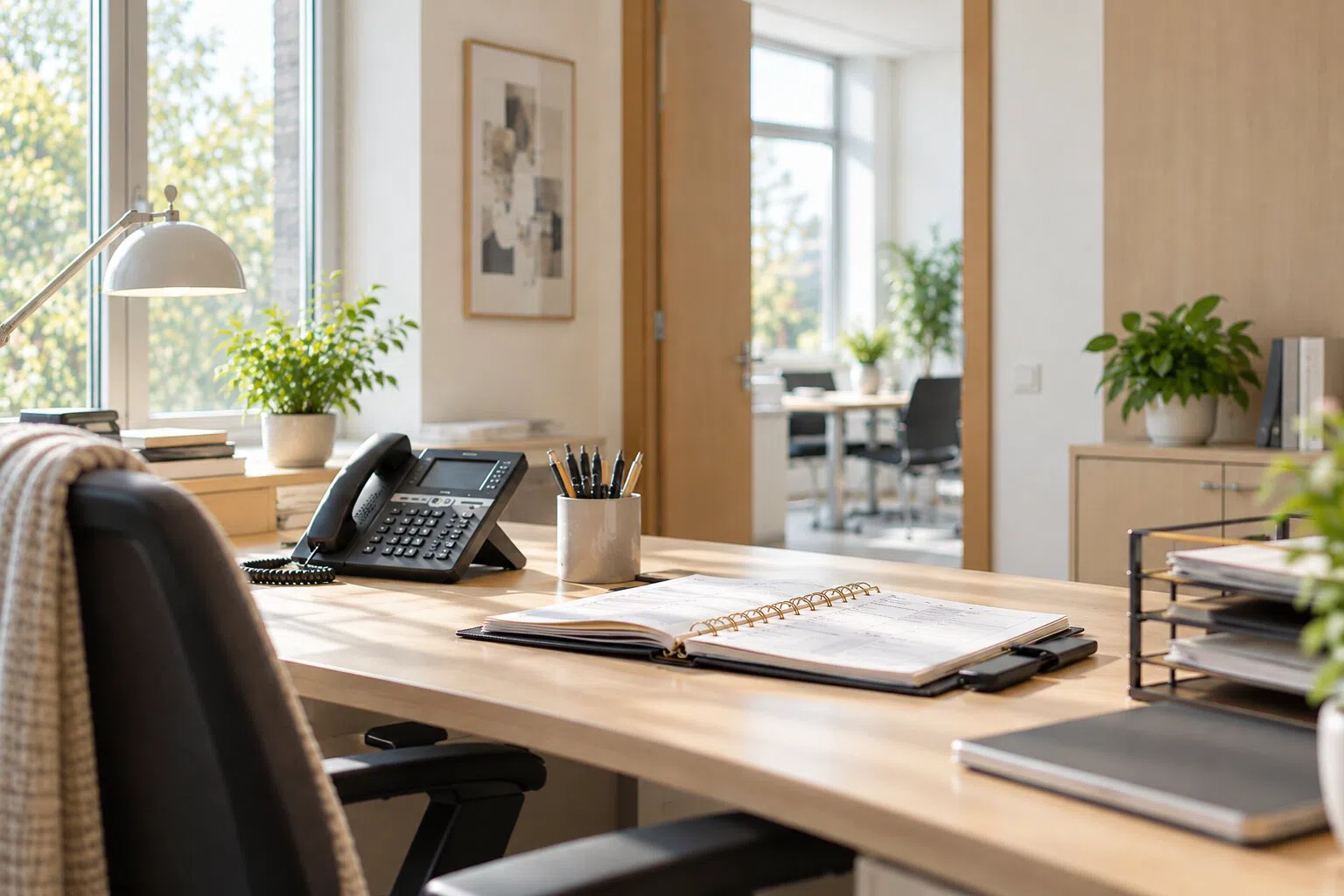 Ein aufgeräumter Schreibtisch mit Telefon und aufgeschlagenem Terminkalender