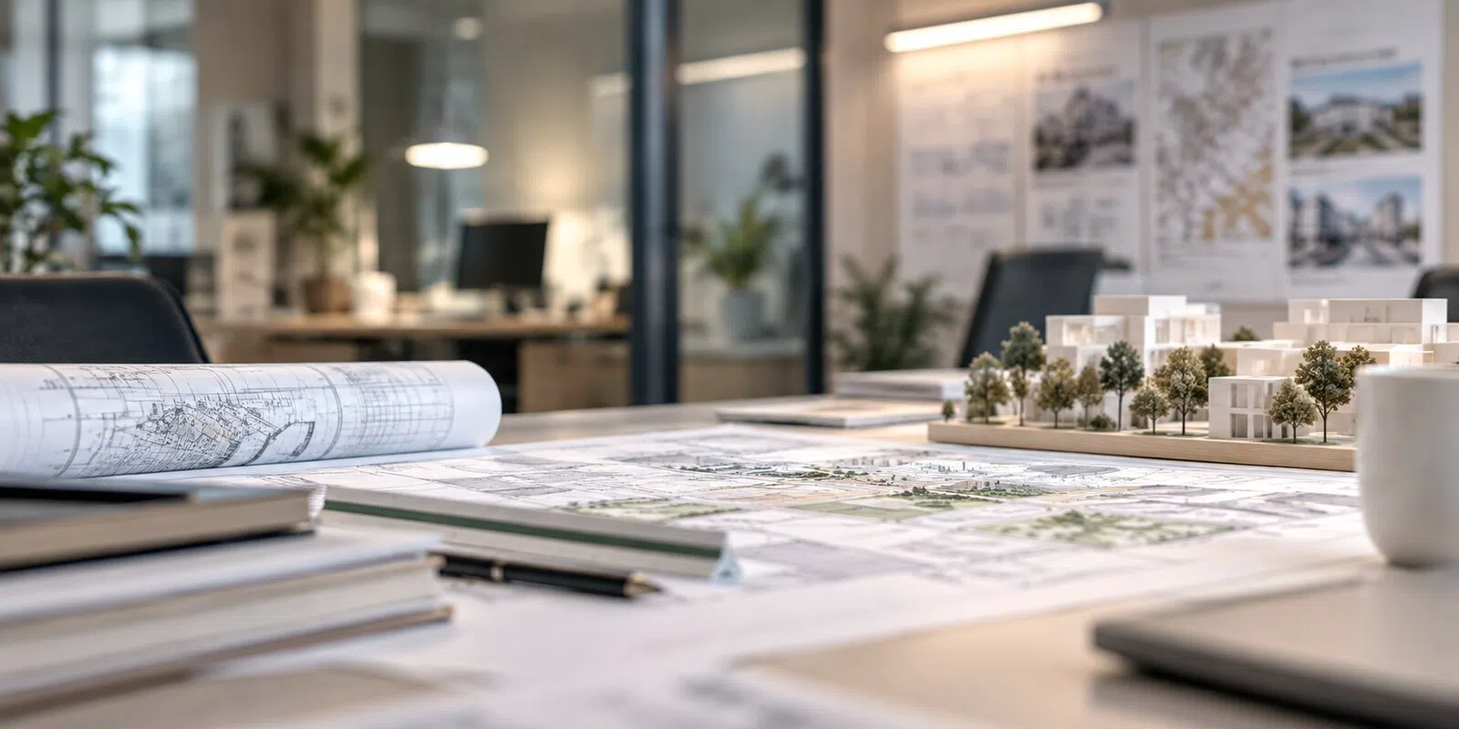 Baupläne und ein Architekturmodell auf einem Besprechungstisch