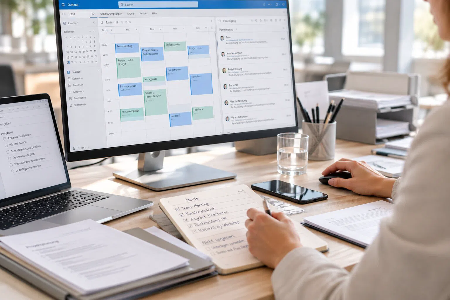 Eine Mitarbeiterin plant Termine mit dem Kalender am Bildschirm und einem Notizbuch